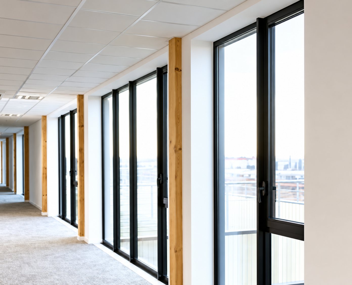 Un long couloir en cours d'aménagement, bordé de grandes baies vitrées à cadres sombres et de poteaux en bois clair, sous un plafond en dalles.