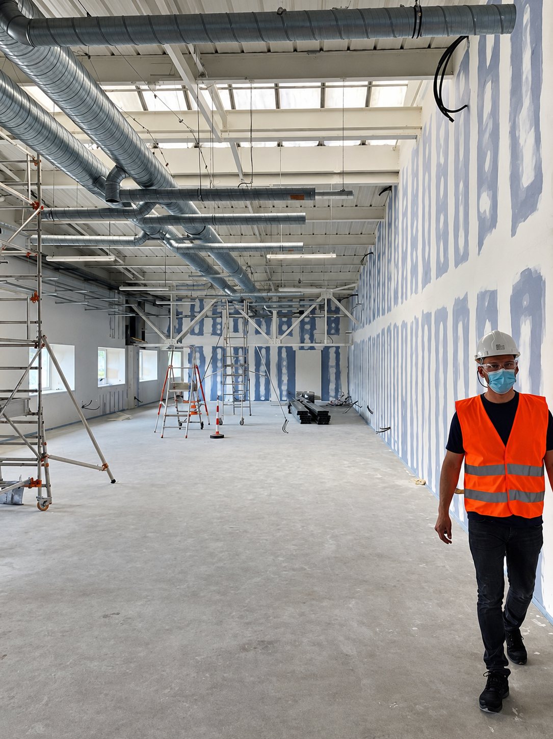 Un ouvrier en gilet orange et casque blanc marche dans un vaste bâtiment en travaux, avec échafaudages, gaines de ventilation au plafond et murs en plaques de plâtre.